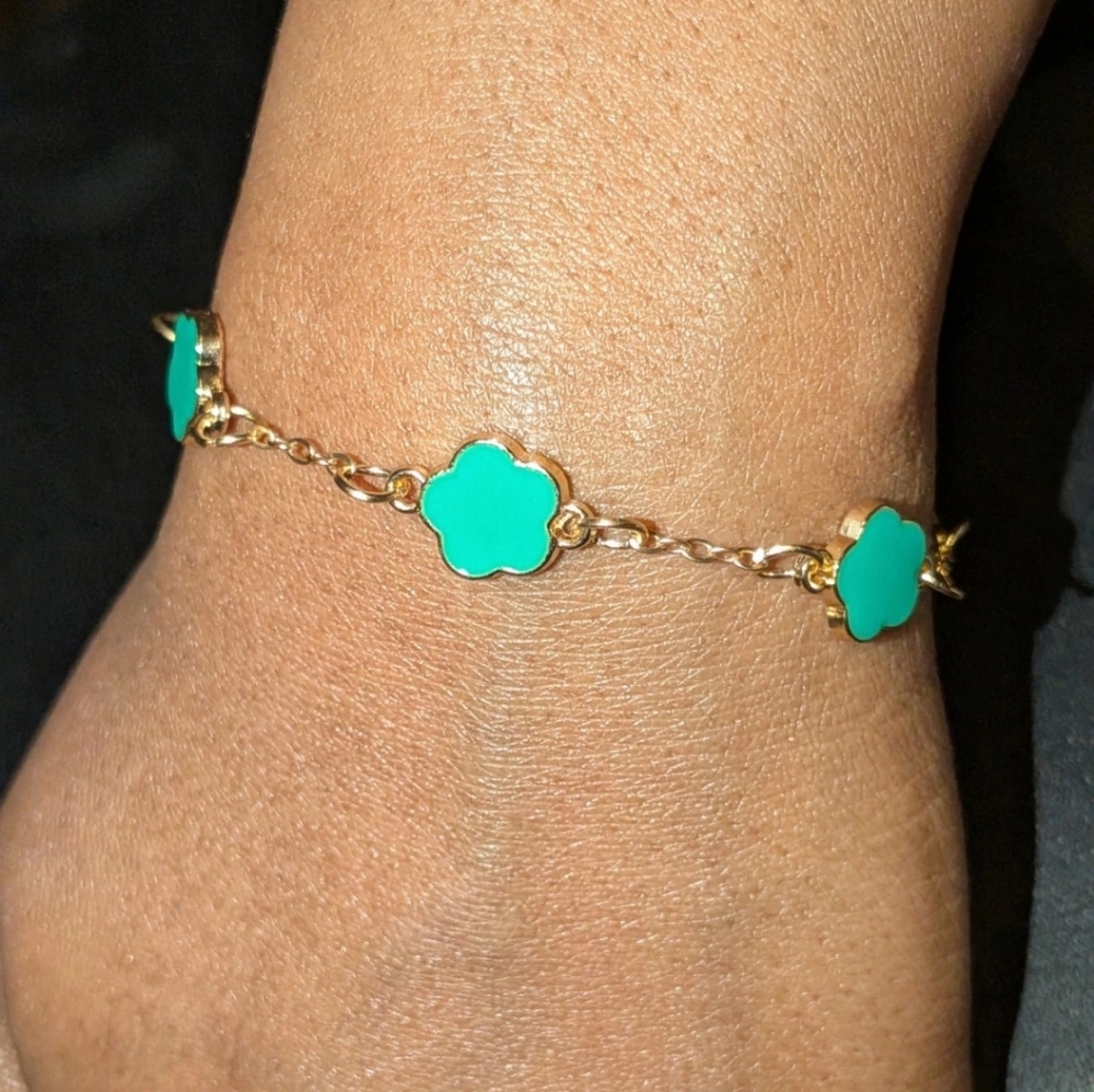 Dainty 14k Gold Plated Over 925 Silver Four Leaf Clover Flower 7 Inch Bracelet